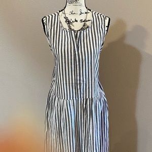 Grey/white striped dress,  midi length, pockets!